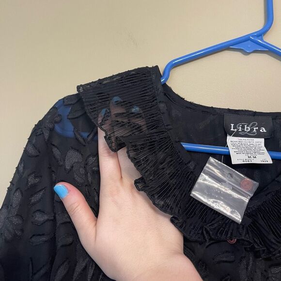 Libra Vintage Sheer Floral Textured Black Frill Cuff Button Up Blouse Medium - Picture 9 of 13